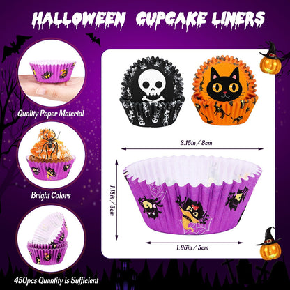 SANNIX 450pcs Halloween Cupcake Liners, Ghost Pumpkin Spider Baking Cups Cupcake Wrappers Paper Wraps Muffin Liners for Halloween Party Candy Cupcake Decorations Supplies(9 Designs)