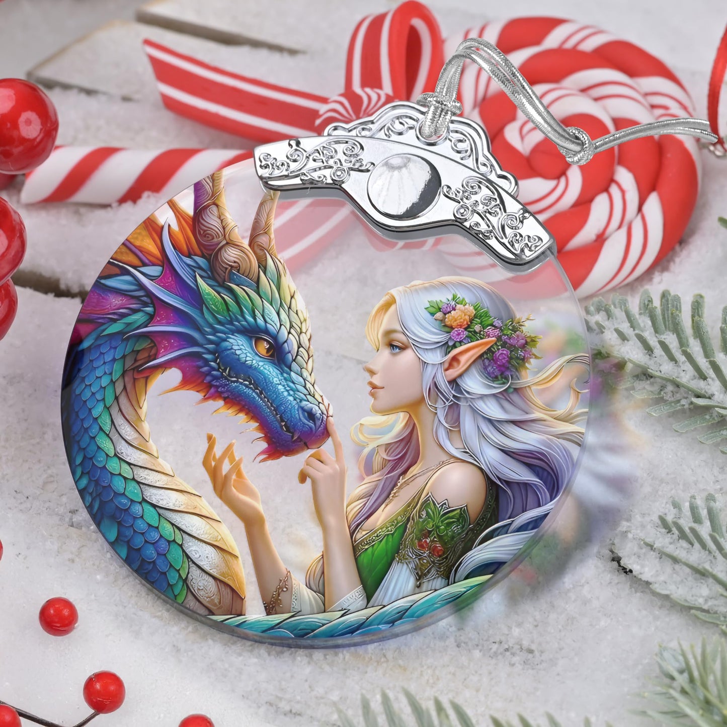 Jocidea Enchanted Elf & Dragon Christmas Ornament - Stained Glass Hanging Decor - Tree Decoration - Gift for Friends, Sisters