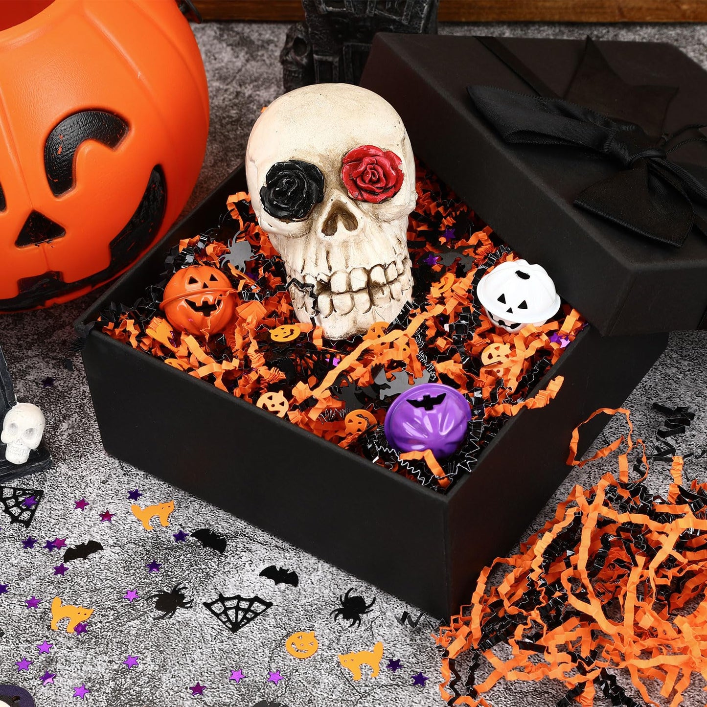 Jansun Halloween Black Orange Crinkle Cut Paper, 453g/16oz Shred Filler with Pumpkin Spider Bat Witch Confetti for Gift Wrapping Craft DIY Basket Filling Trick or Treat Candy Decorations