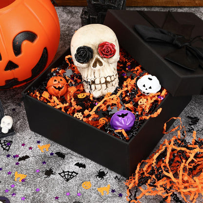 Jansun Halloween Black Orange Crinkle Cut Paper, 453g/16oz Shred Filler with Pumpkin Spider Bat Witch Confetti for Gift Wrapping Craft DIY Basket Filling Trick or Treat Candy Decorations