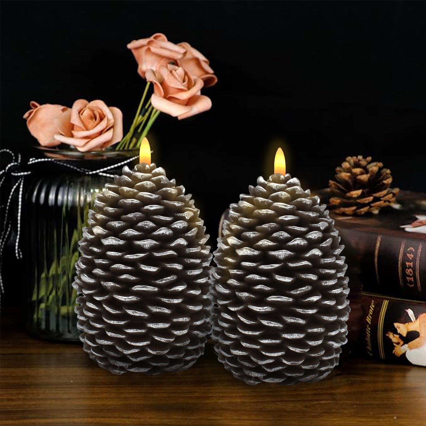 CVHOMEDECO. Pine Cone Candles Battery Operated Pinecones with Remote and Timer, Pine Cones Candle LED Flameless Flickering Candles for Fall, Christmas Decor. Silver-Brown, H 6.5 Inch, Pack of 2