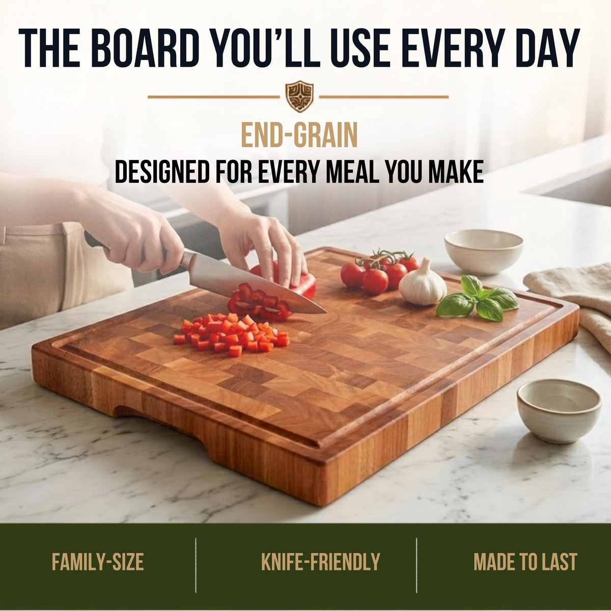 SHUMARU End-Grain Mahogany Cutting Board, 17×13×1.6" Thick Butcher Block with Juice Groove, Knife-Friendly Wood Chopping Block, Non-Slip Rubber Feet, Hand Grips, Heavy-Duty Prep & Serving Board