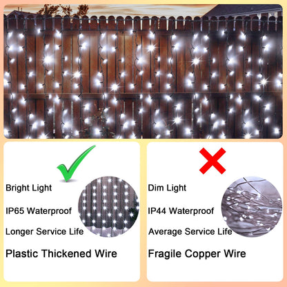 DBFAIRY Solar Curtain Lights,19.6ft x 3.3ft 300 LED Outdoor Christmas Solar Curtain Lights Waterproof Green Wire with 8 Mode for Garden Handrail Railing Eaves Wall Decoration -Cool White