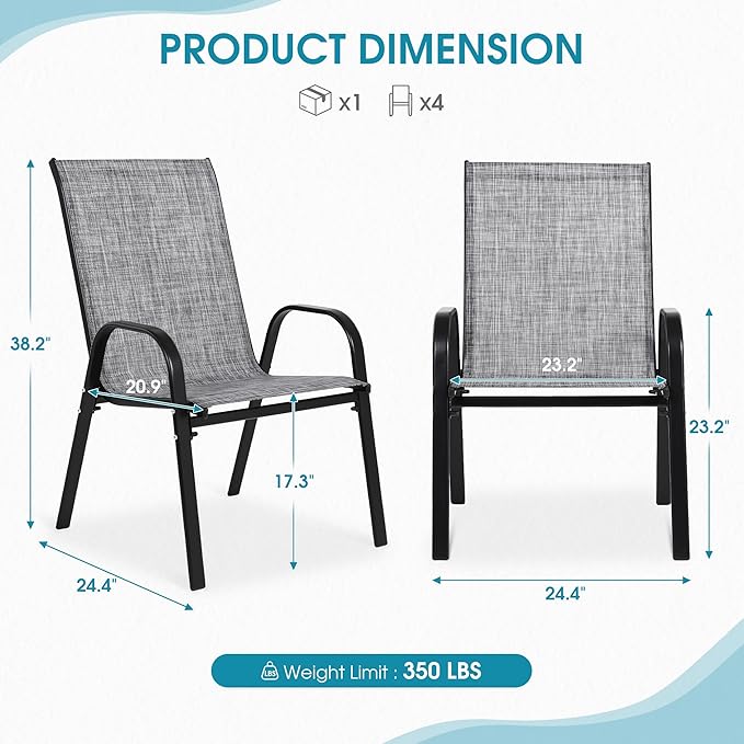 Outdoor Stackable Chairs Set of 6, Stacking Patio Chairs with Textilene Fabric, Outside Furniture for Garden Backyard Balconie Poolside Deck, Grey