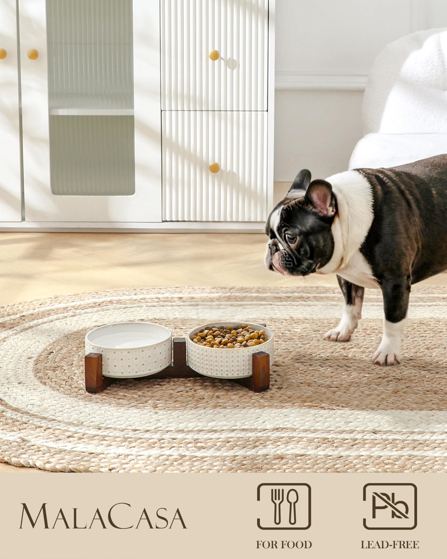 MALACASA Dog Bowl Set with Walnut Wood Stand, 1.5 Cups Ceramic Pet Bowls for Puppy Dogs, Dual Food and Water Bowls with Weighted Non-Slip Base, Basic Bowls for Your Dog or Cat, Rhombic & Polka Dots