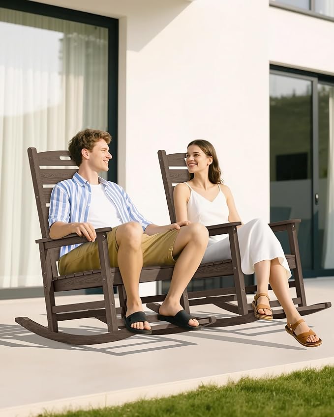 SERWALL Outdoor Rocking Chair Set of 4, Oversized HDPE Patio Rocking Chair with Footrest for Adults, All Weather Porch Rocker for Deck Patio Balcony, Coffee