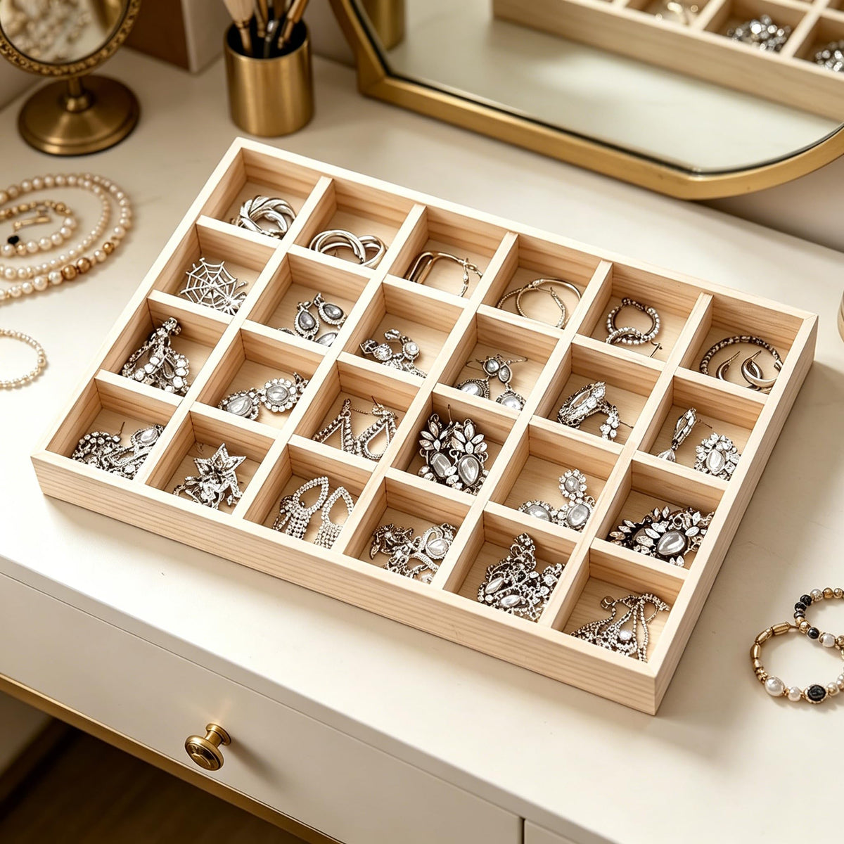 JUANERJIE Stackable 24 Compartments Wood Display Tray, Wooden Grid Sorting Organizer Tray, Versatile Showcase Storage for Jewelry, Accessories, Ties and Daily Small Items