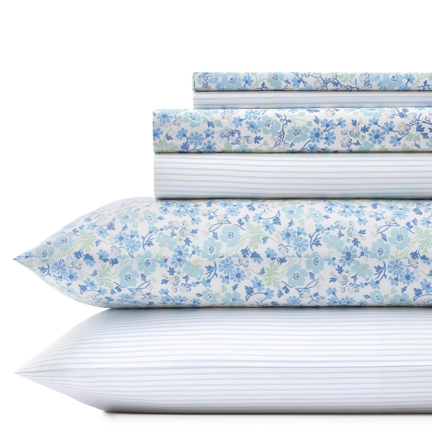 Laura Ashley - King Sheets, Cotton Percale 6-Piece Bedding Set, Crisp & Cool Home Decor (Jaynie Pastel Blue, King)