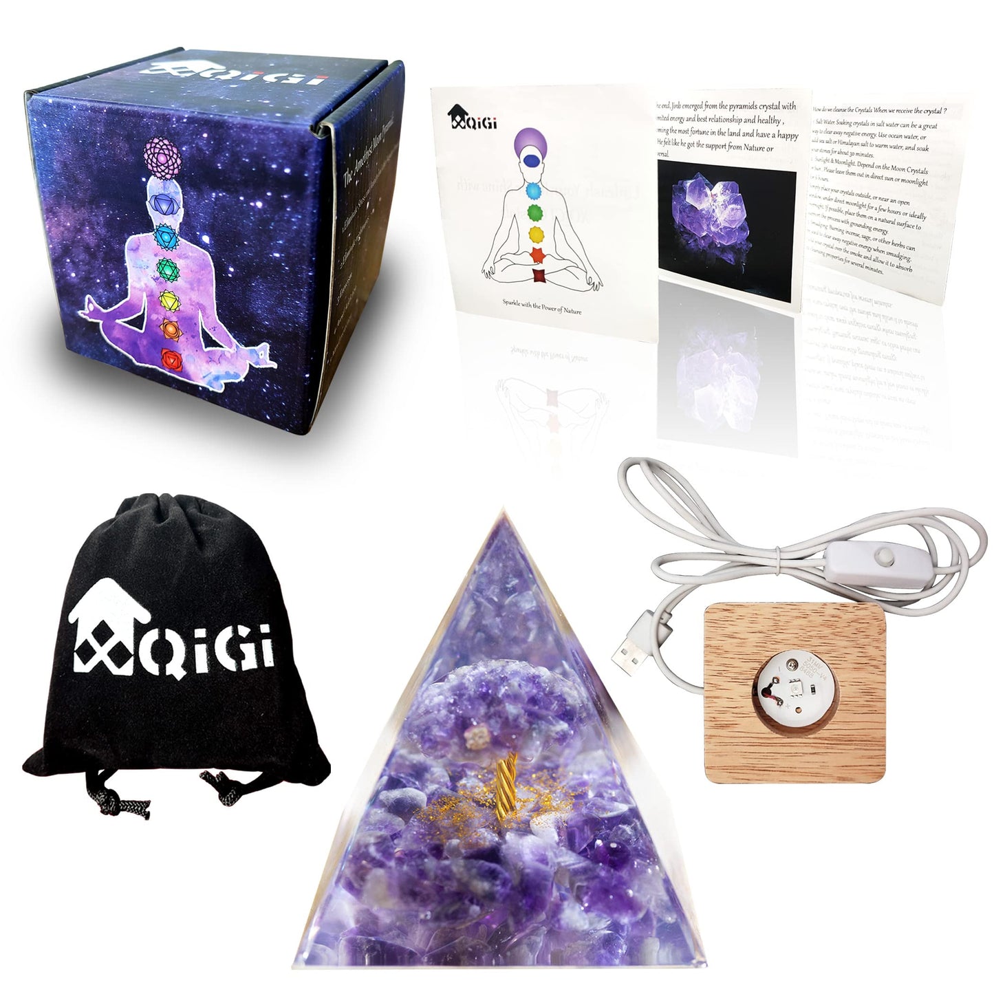 XQIGI Orgonite Amethyst Pyramid with Light Base for Healing Chakra Crystal Meditation Tree Life Stone Charged Energy Generator for Positive Success Growth Powerful Strength Prosperity Wealth (Sun)