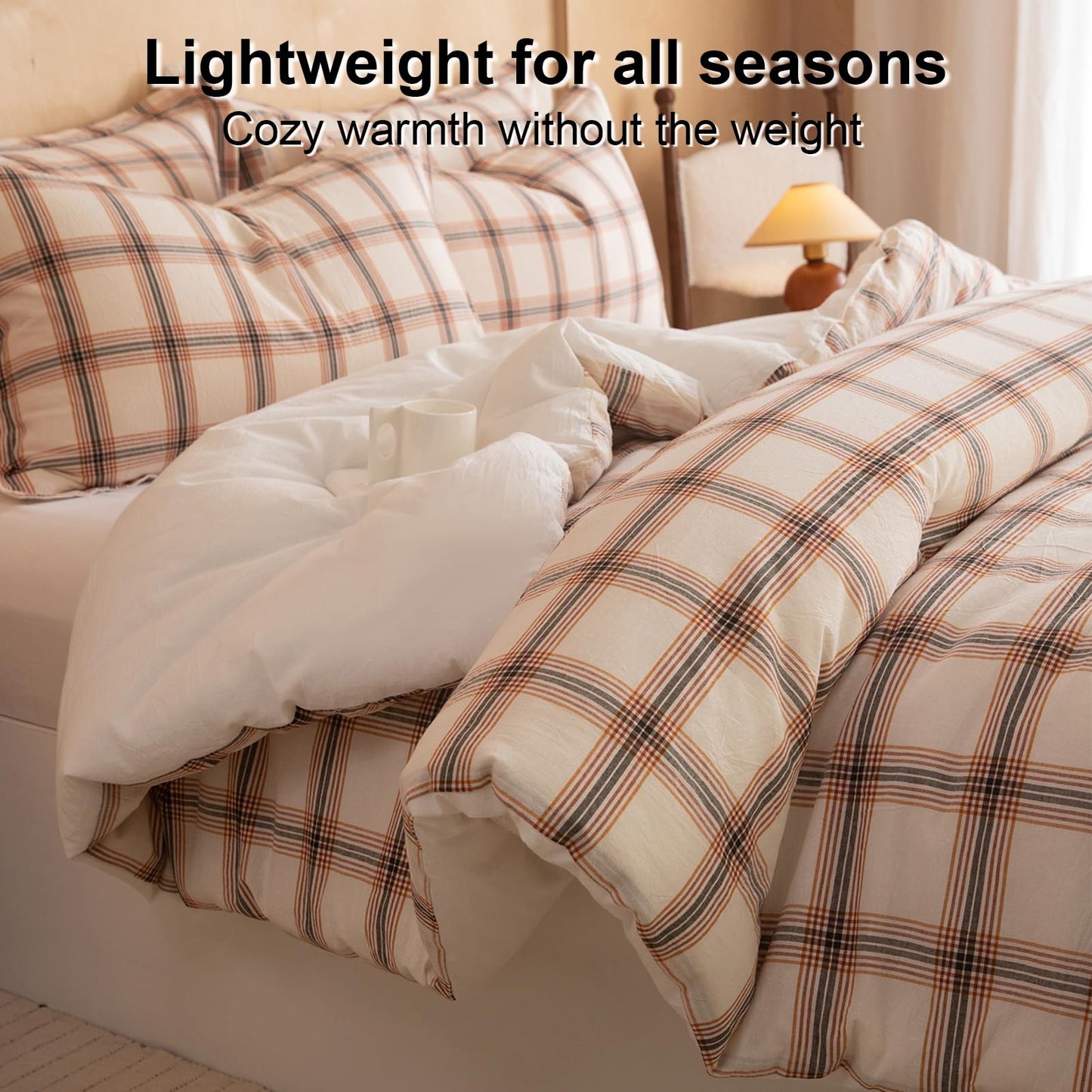 LLanCL Cotton Plaid Comforter Set Queen Size,100% Cotton Cover with Polyester Fill,Ultra Soft,Breathable,Lightweight Bedding for All Seasons,1 Comforter 90"x90" & 2 Pillow Shams 20"x26"(Beige)