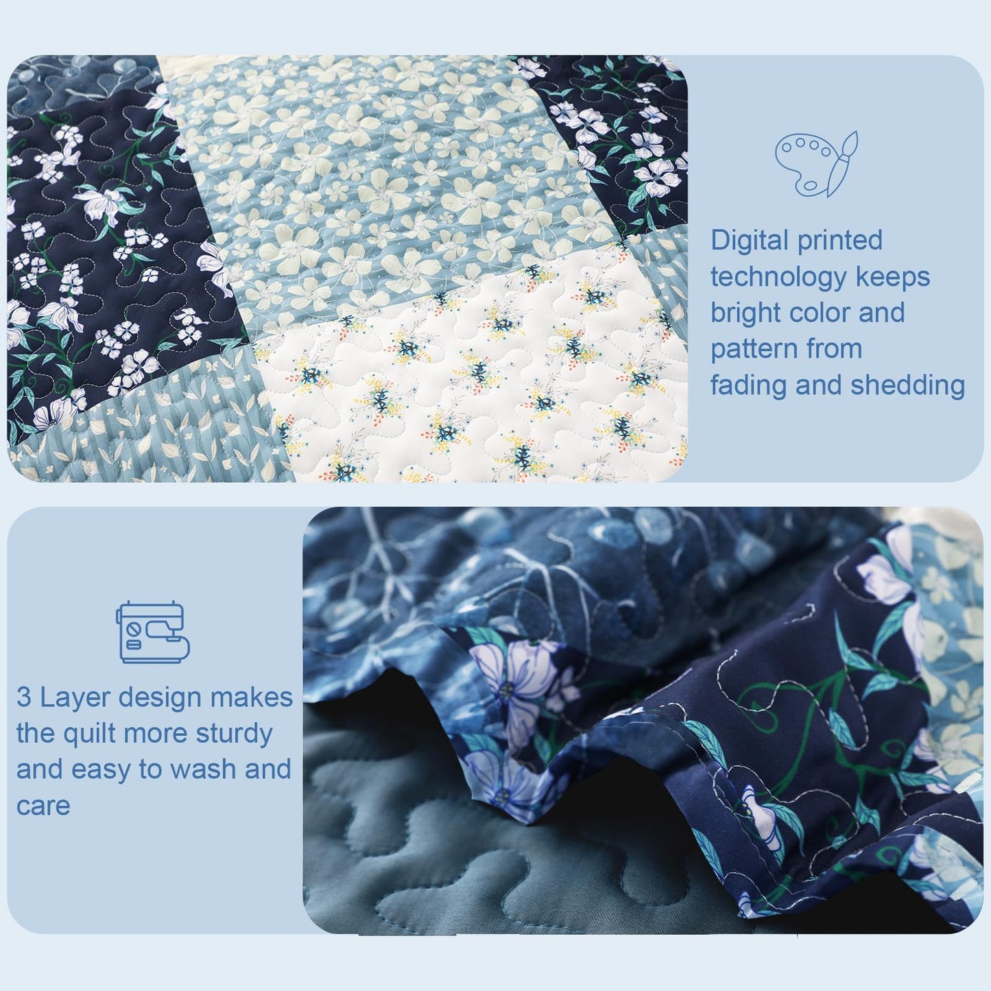 Exclusivo Mezcla Reversible Boho Quilts Queen Size, Blue Soft Bedspreads Lightweight Coverlet All Season Patchwork Quilt Bedding Set with Printed Floral Pattern (1 Quilt, 2 Pillow Shams)