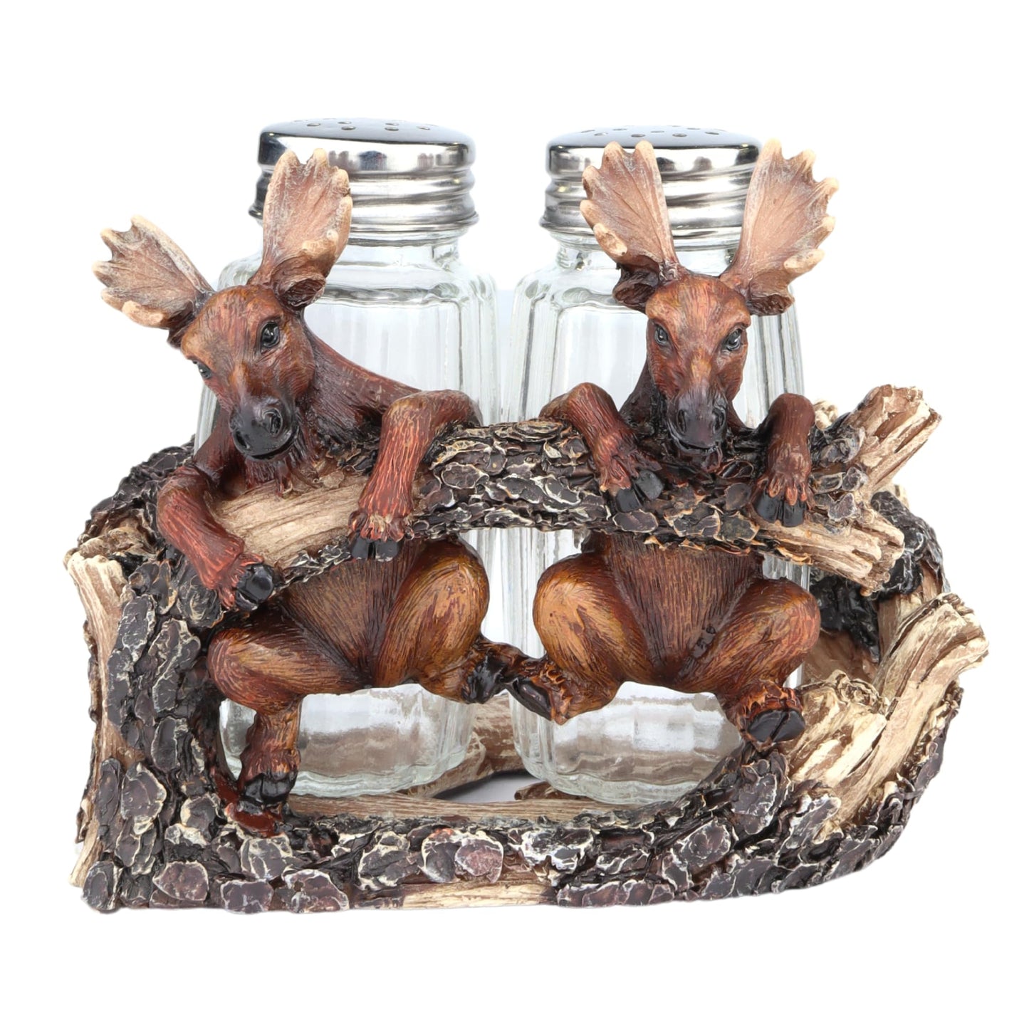 Needzo Moose Salt and Pepper Shakers Set and Holder, Rustic Cabin Kitchen Accessory, Wildlife Themed Keepsake Gift, 4.5x3.3x3.5 Inches