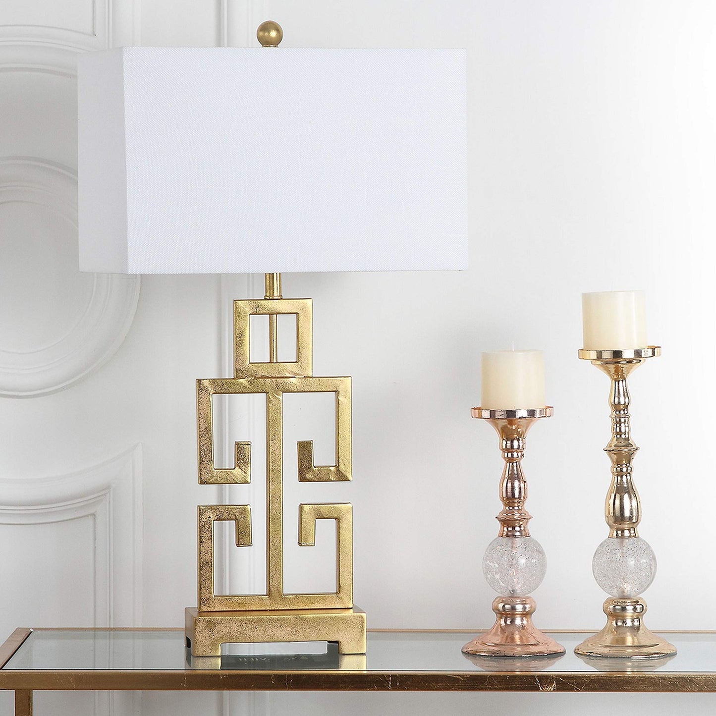SAFAVIEH Lighting Collection – Greek Key Table Lamp – Antique Gold Metal Base with White Fabric Shade, LED Bulb Included, 29-Inch Bedroom Living Room Desk Lamps (LITS4305A)