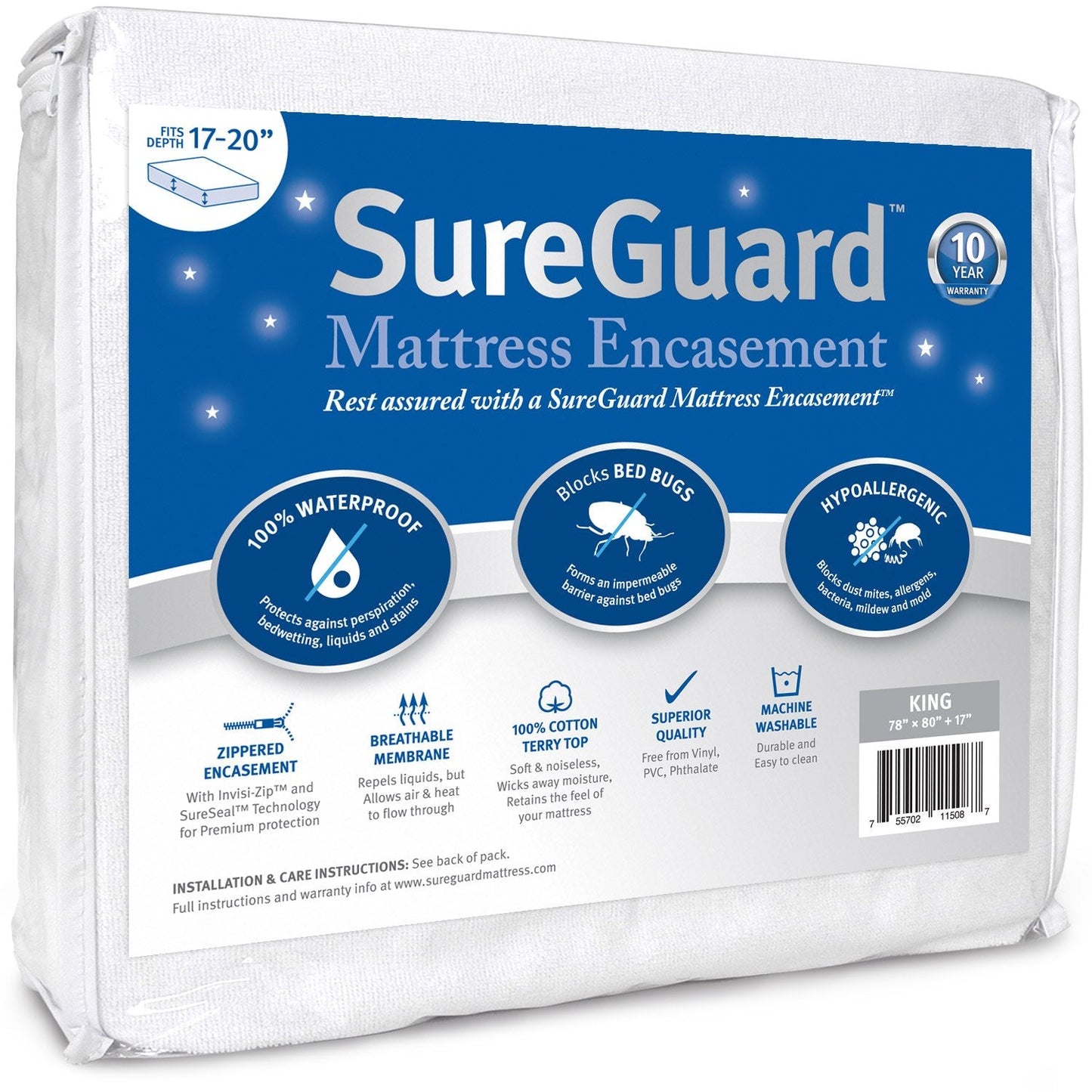 King (17-20 in. Deep) SureGuard Mattress Encasement - 100% Waterproof, Bed Bug Proof, Hypoallergenic - Premium Zippered Six-Sided Cover