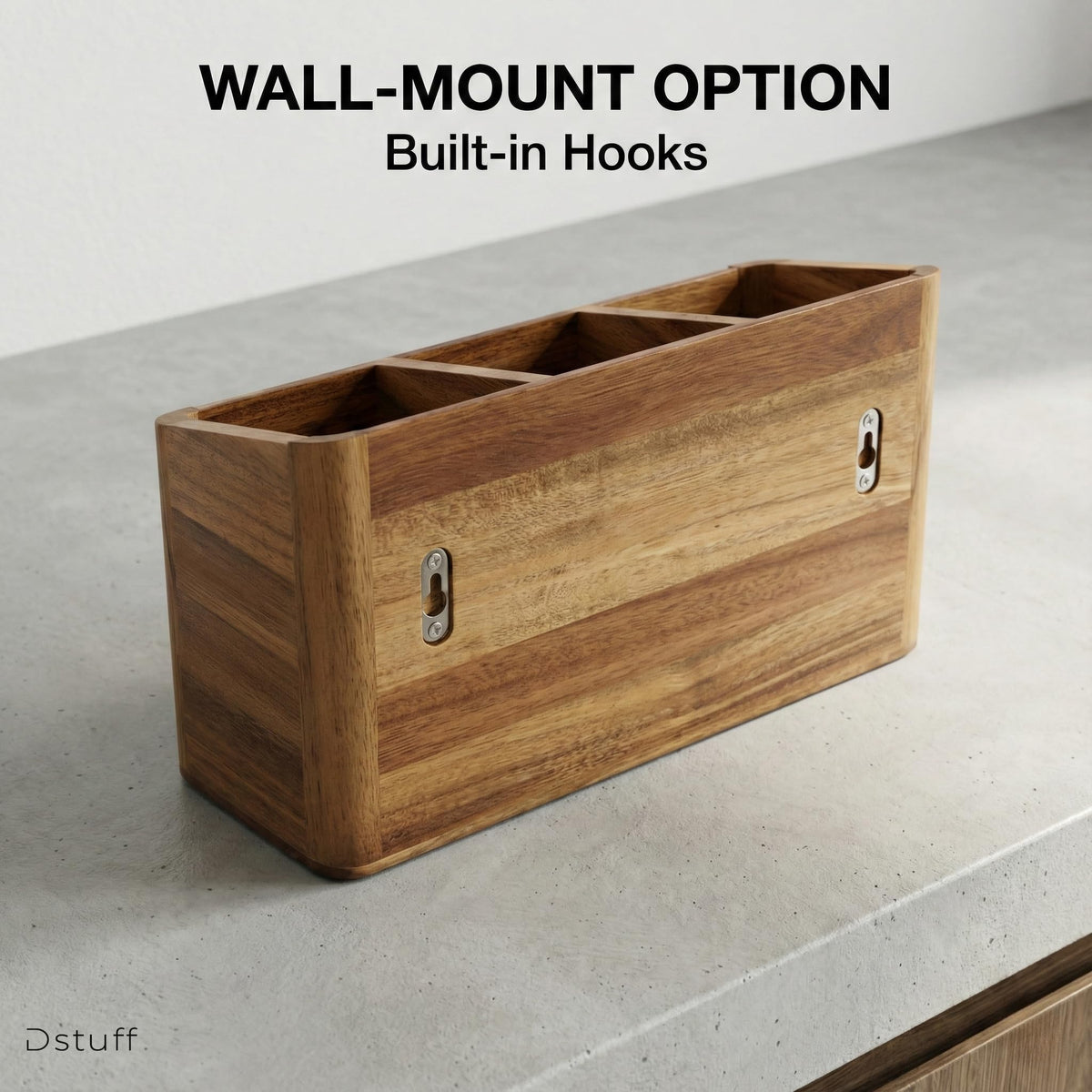 Dstuff Large Kitchen Utensil Holder Organizer for Counter or Countertop, Large Wooden Utensil Holder for Storage Cooking and Silverware with 3 Compartment, Acacia Rustic Wood Container Extra Large