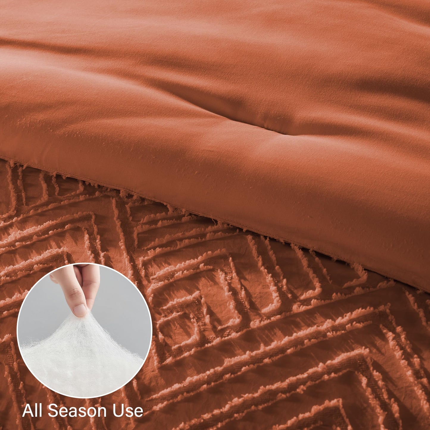 Zzlpp Queen Comforter Set 7 Pieces, Burnt Orange Tufted Bed in a Bag with Comforter, Pillow Shams, Pillowcases, Flat Sheet, Fitted Sheet