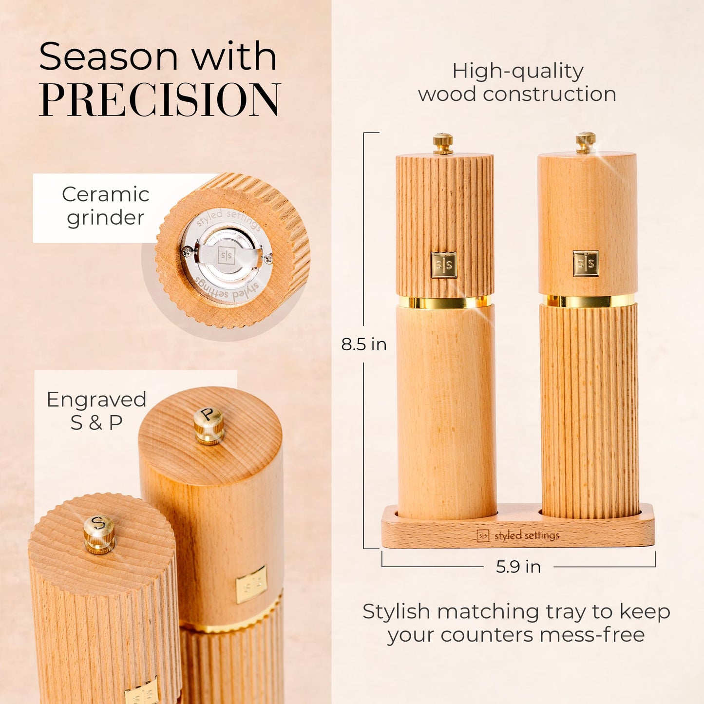 Wooden Salt and Pepper Grinder Set – Refillable Manual Salt and Pepper Mills with Adjustable Ceramic Burrs, Gold Detailing, and Wood Stand
