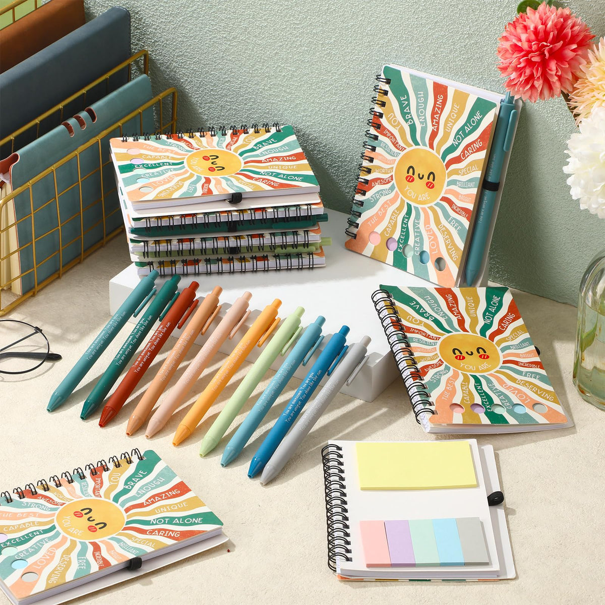Janlaugh 20 Pcs Mental Health Gifts for Women Men Self Care Items Bulk Include 10 Mental Health Notebook with Sticky Note 10 Positive Pens Affirmation Journals Wellness Gifts for Coworkers Teachers