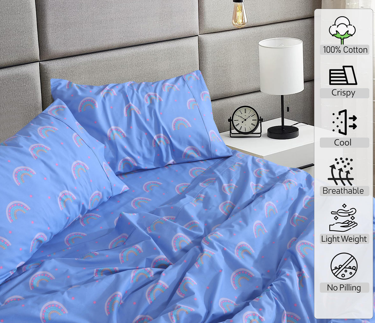 RUVANTI 100% Cotton Percale Sheets Queen Size – Crisp Cooling Bed Sheets for Hot Sleepers, Deep Pocket 16”, Soft Breathable & Durable Hotel-Style 4 Piece Set, Baby Rainbow