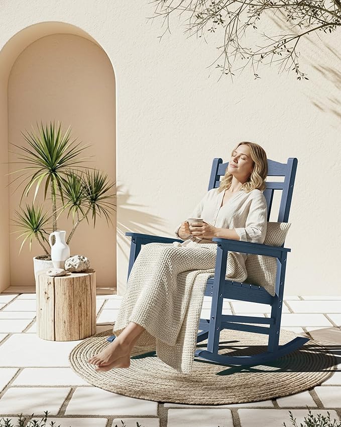 Ciokea Oversized Outdoor Rocking Chair, 380lbs Heavy-Duty Large Patio Rocker, Weather Resistant & Anti-Fade Porch Chair, High Back Cozy Rocking Chair for Outside, Fire Pit, Deck, Garden, Slate Blue
