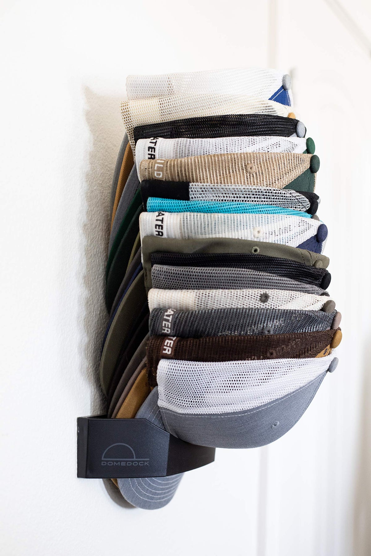 The ORIGINAL DomeDock! American, patented, Wall Mount Rack 20 Ball Cap Storage. Compact Hat Organization System. Made and Shipped in USA. (Single, White)