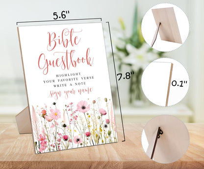 Wedding Bible Guest Book Sign, Pink Flower Style Wooden Sign With Stand, Guest Book Alternative, Bridal Shower Centerpieces For Tables, Wedding Reception Decorations, Engagement Party Decoration-17