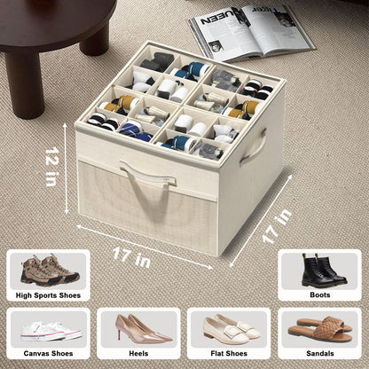 Leosoria Mothers Day Gifts For Mom, Shoe Organizer for Closet, Foldable Shoe Storage Organizer Box Bin with Adjustable Dividers and Clear Cover, Fits up to 16 Pairs (Beige)