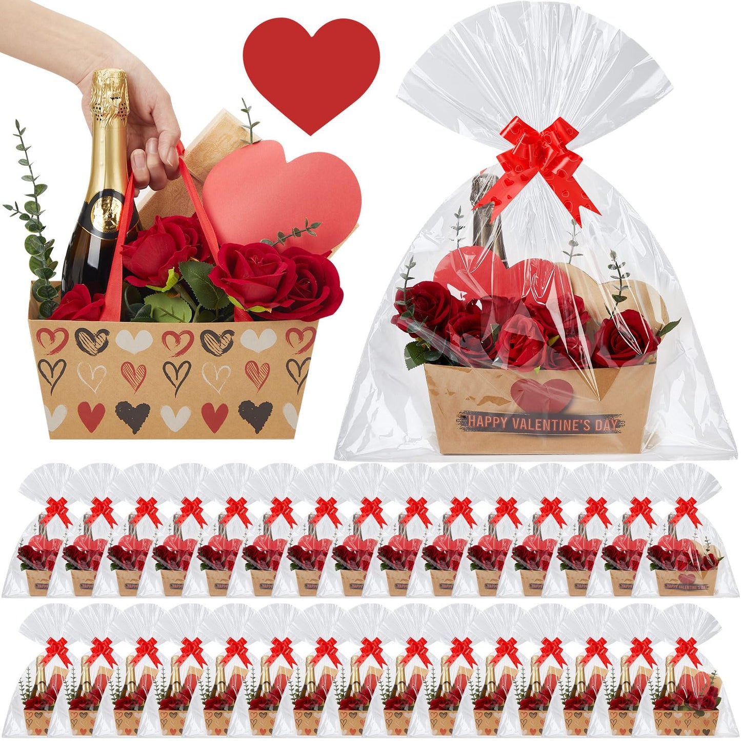 Kolldenn 24 Set Valentine's Day Empty Gift Basket to Fill Kraft Red Heart Bouquet Box with Handles Pull Bows Cellophane Bags and Card for Valentine Party Favor Supplies, 9.8 x 6.5 Inch