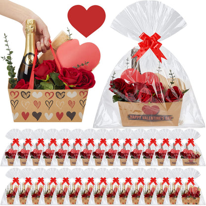 Kolldenn 24 Set Valentine's Day Empty Gift Basket to Fill Kraft Red Heart Bouquet Box with Handles Pull Bows Cellophane Bags and Card for Valentine Party Favor Supplies, 9.8 x 6.5 Inch