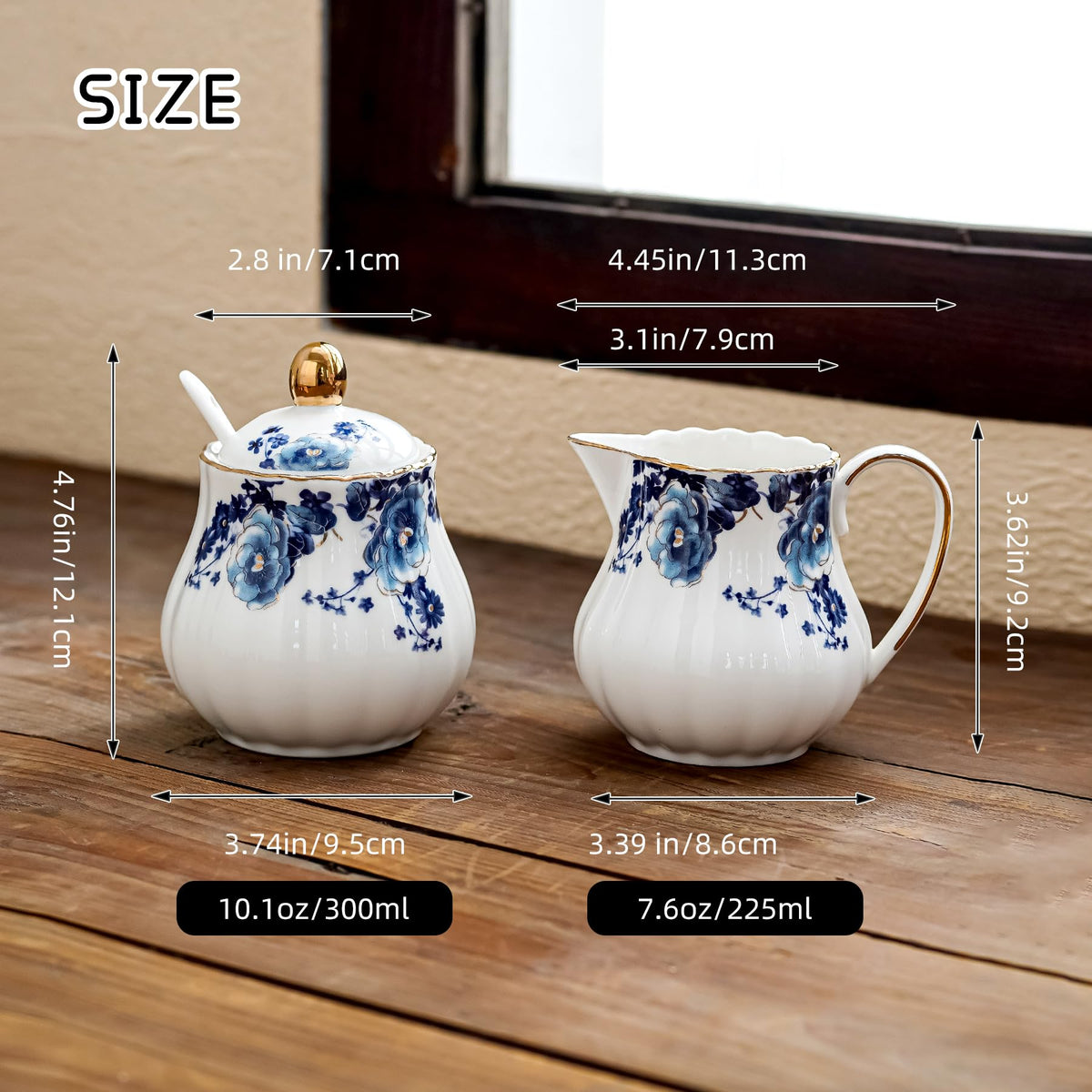 Agyiuns Ceramic Sugar and Creamer Set, 3 Piece with Cream Pitcher, Sugar Bowl with Lid and Spoon,Coffee and Tea Serving Set (White with blue flower)
