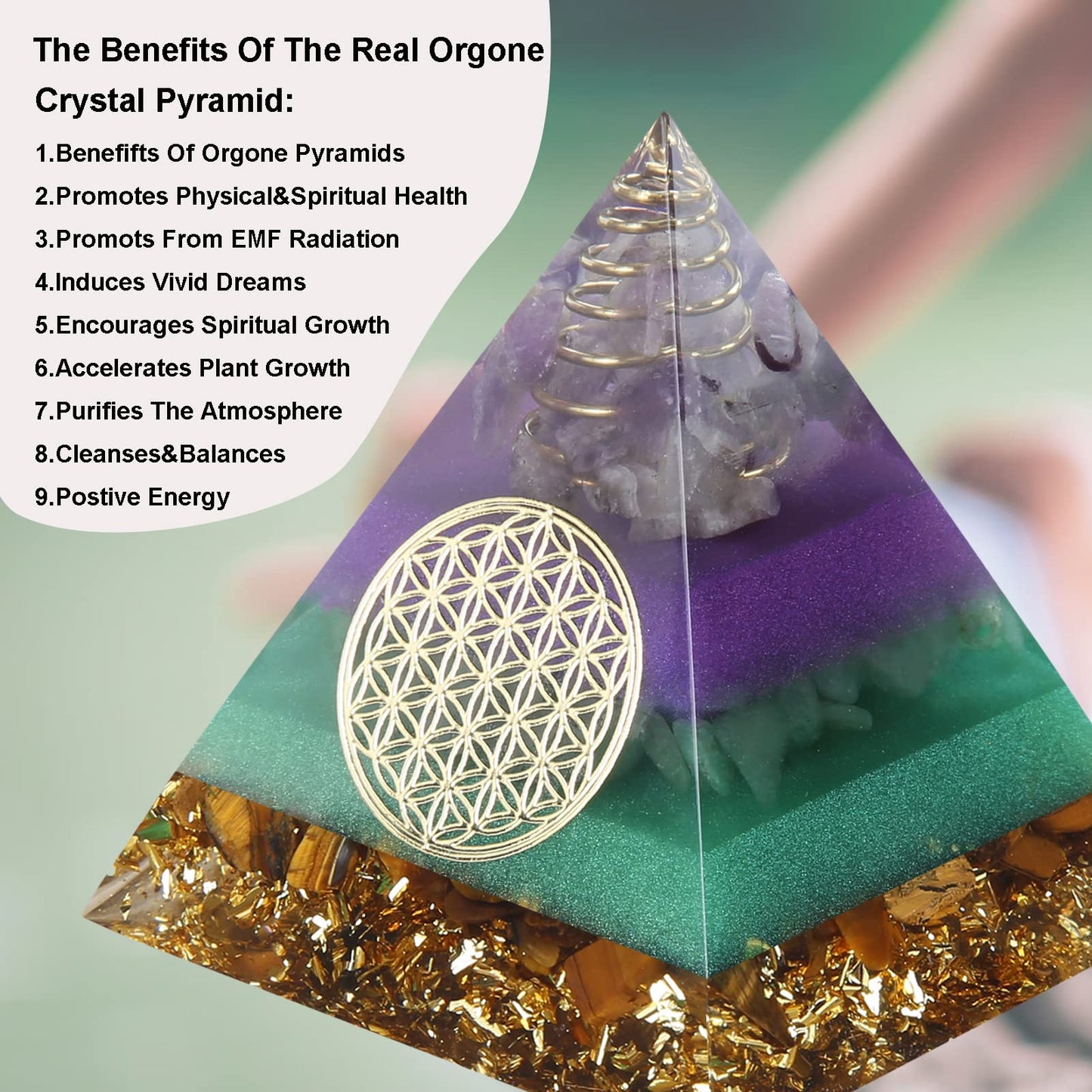 Orgone Pyramid - Positive Energy Source for Meditation, Stress Relief, Wealth Attraction | Crystal Pyramid Orgonite with Protection Crystals | Ideal Energy Generator & Stylish Room Decor