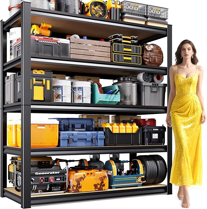 71.2"H-45.6"W Garage Shelving Heavy Duty Storage Shelves, Metal Adjustable Shelving Unit, Utility Garage Organizer Shelf for Basement, Pantry, Kitchen, Warehouse, 45.6"Wx17.7"Dx71.2"H, Black