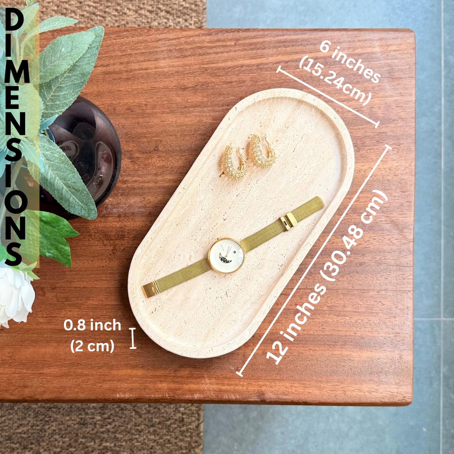 Natural Travertine Oval Tray 12”x6” – Vanity & Bathroom Counter Tray for Perfume, Candles & Jewelry | Heavy Stone Decorative Marble Tray with Non-Slip Pads