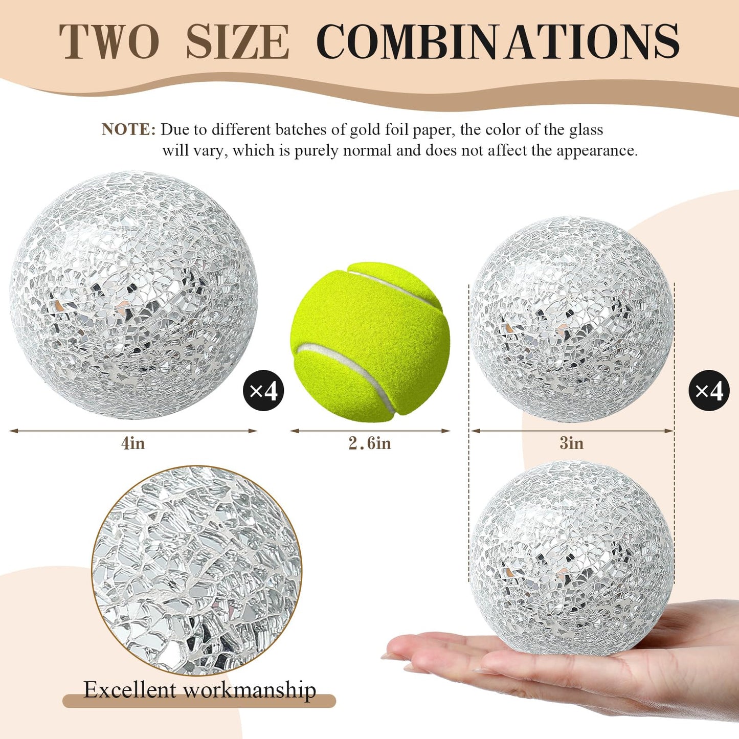 Qinyoung Silver 8 Pcs Decorative Ball for Bowls, 3'' 4'' Glass Mosaic Sphere Decorative Orbs for Centerpiece Bowls Vase Fillers, Wedding, Party, Coffee Table & Home Decor