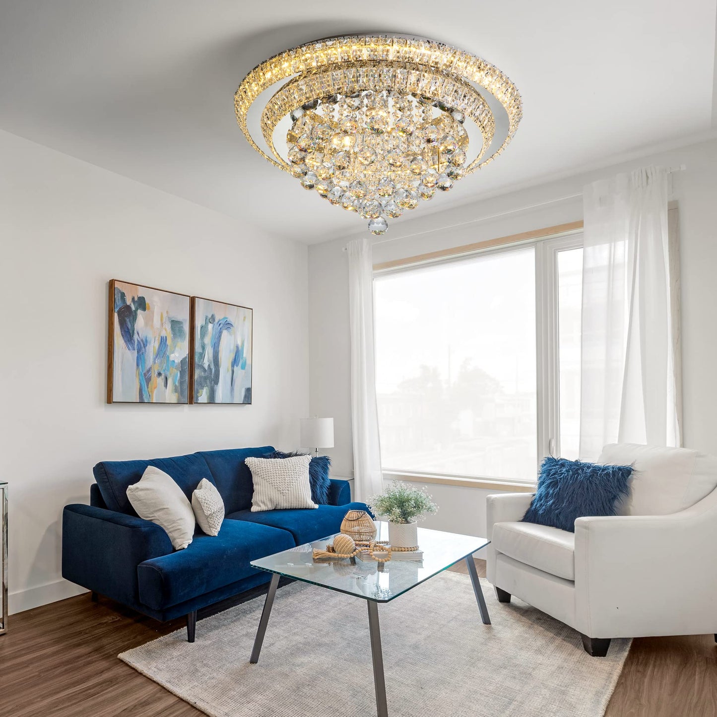 Miuyhji Elegant LED Crystal Raindrop Ceiling Light, 24" Flush Mount Chandelier Light Fixture with Remote Control for Living Room, Kitchen, Island, Bedroom, Hallway Entryway Foyer(Dimmable)