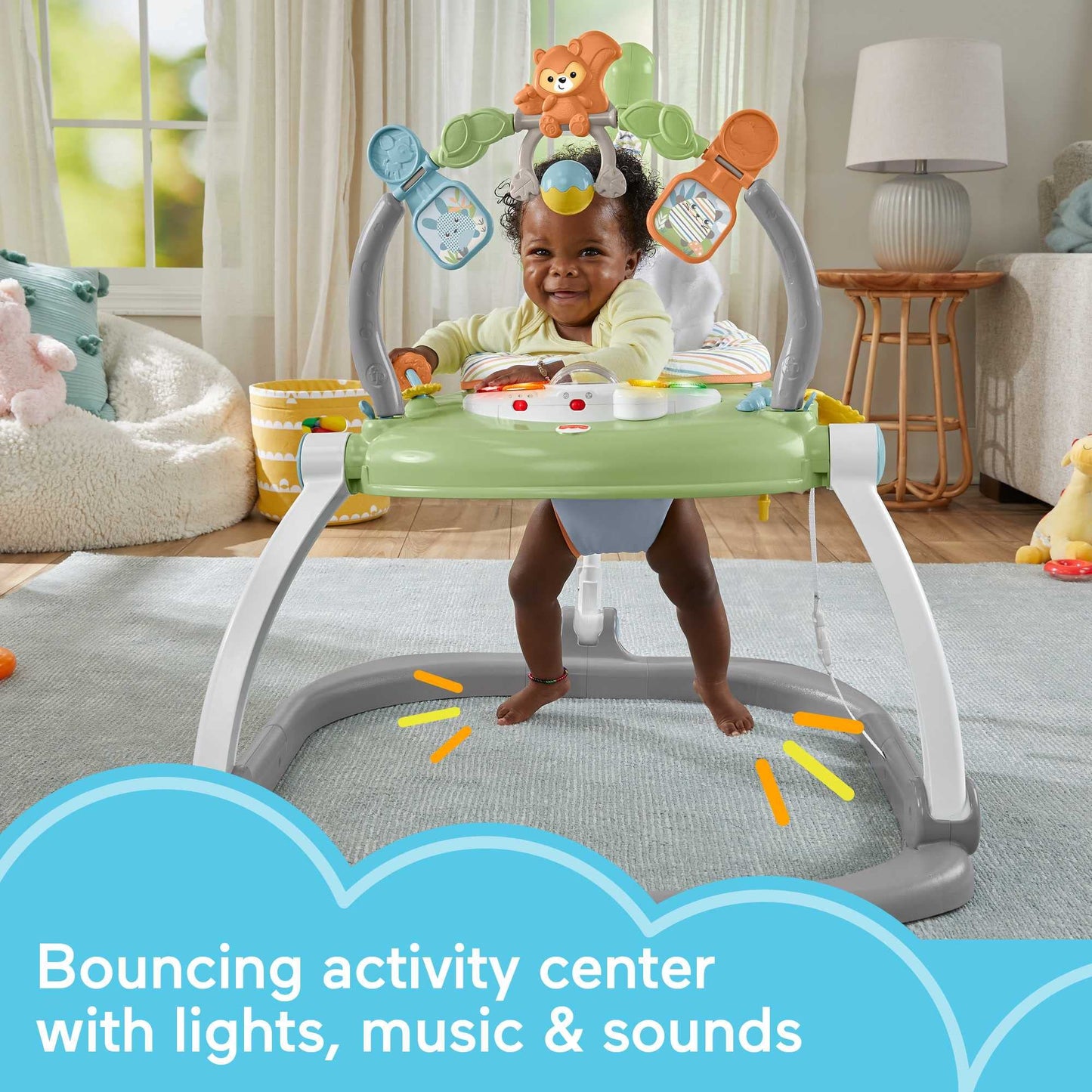 Fisher-Price Jumperoo Baby Bouncer and Activity Centre with Lights and Sounds, Sweet Snugapuppy SpaceSaver