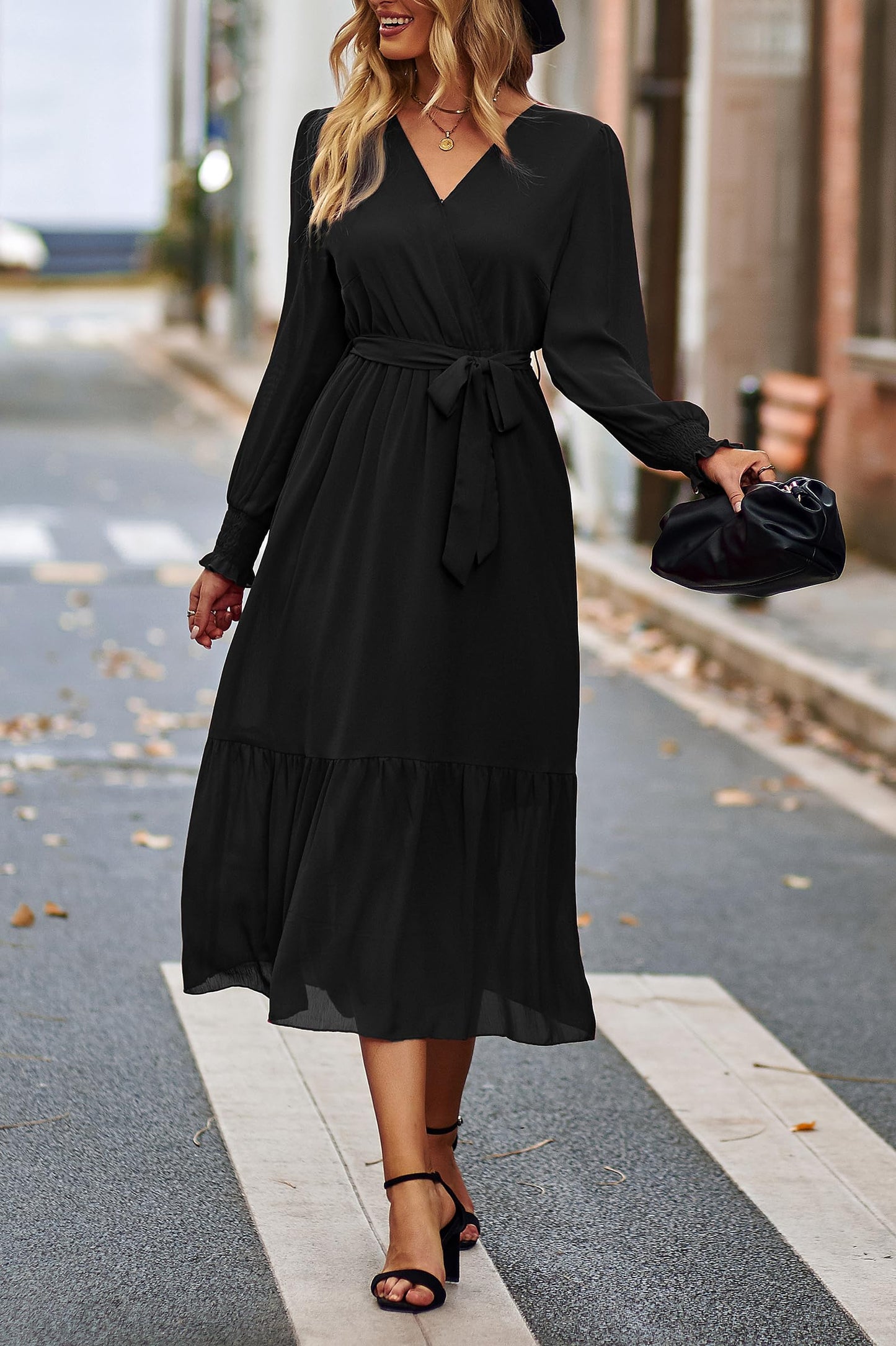 PRETTYGARDEN Women's Floral Boho Dress Fall Long Sleeve Wrap V Neck Ruffle Flowy Maxi Spring Wedding Guest Vacation Dresses (Solid Black,Medium)