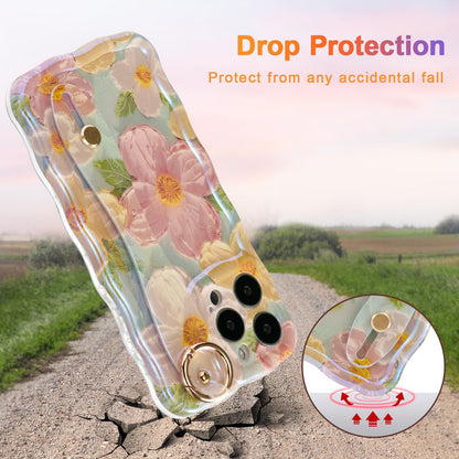 EYZUTAK Case with Hand Strap for iPhone 15 Pro, Colorful Oil Painting Flower Case with Wristband Kickstand Laser Curly Wave Edge Stylish Durable TPU Protective Cover for Women - Green