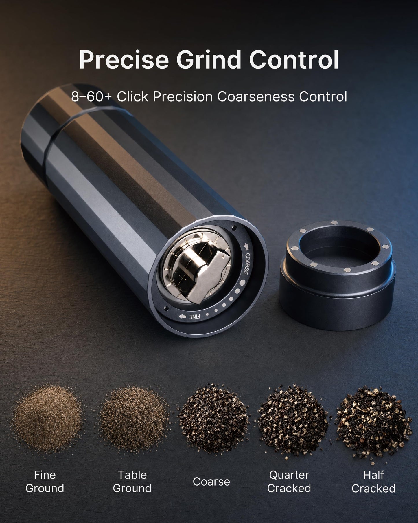 HOTQILIN Manual Pepper Grinder, Heavy Duty Metal Pepper Mill with Adjustable Coarseness, High Output Grinding, Magnetic Powder Chamber, Refillable Pepper Grinder for Kitchen(Deep Gray)