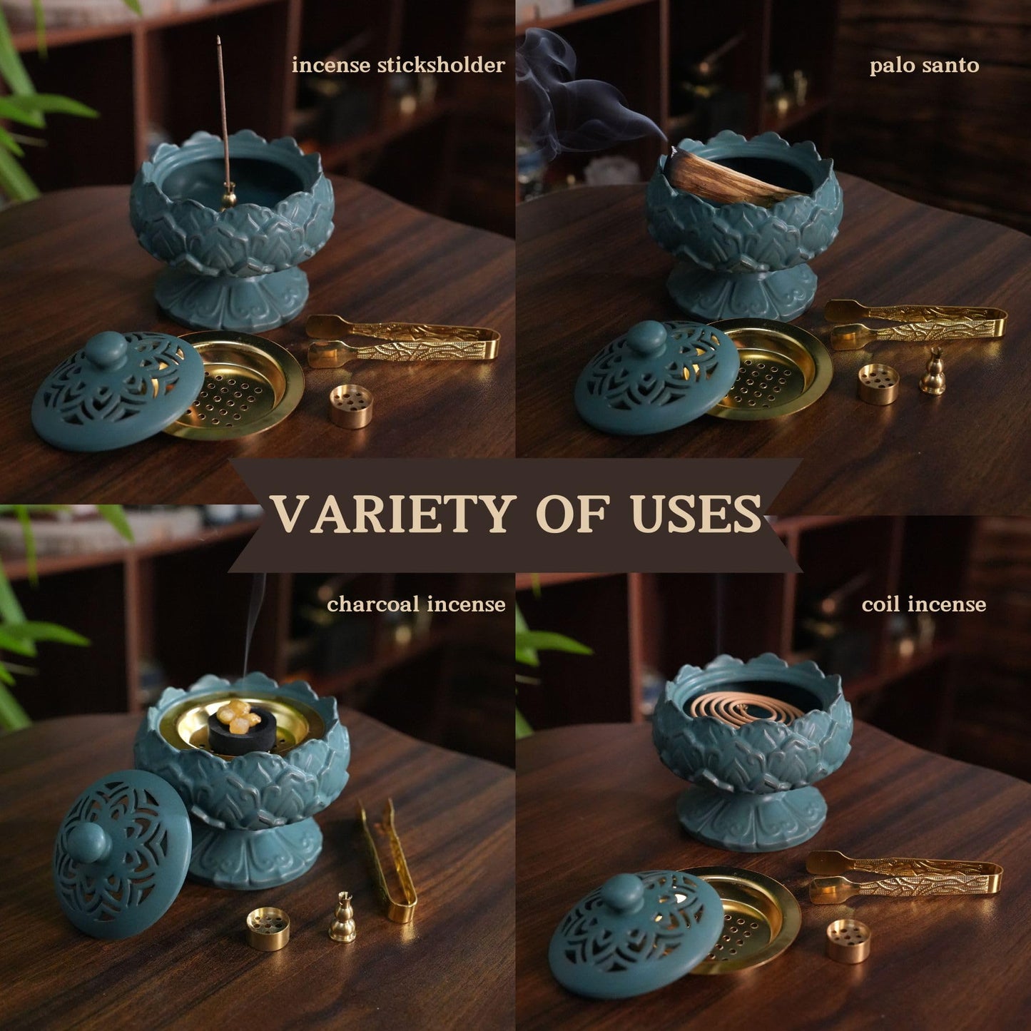 Ceramic Incense Burner for Frankincense, Bakhoor, Charcoal, Stick, Powder, Cone, Coil, and Tower Incense - Accessories for Meditation and Aromatherapy with Tweezers