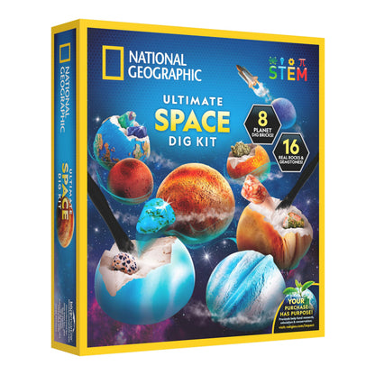 National Geographic Ultimate Space Gemstone Dig Kit – 8 Planet-Shaped Bricks with 16 Real Rock & Gemstone Specimens, Gems for Kids, Excavation Digging Activity, Gem Mining Kit