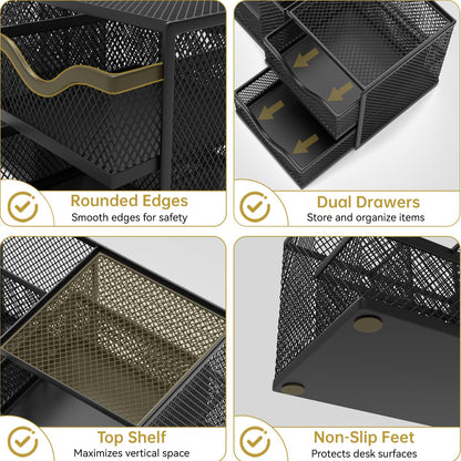 ReePlan Mesh Desk Organizer, Pen Organizer with 2 Drawers and 5 Compartments, Versatile Pen Holder for Small Space, Desk Organizers and Accessories for School Office Supplies, Black