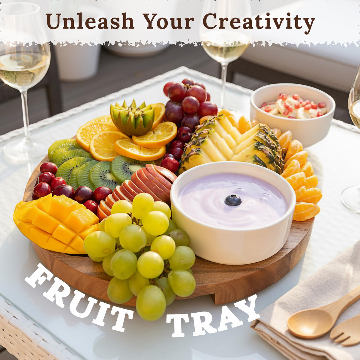 Culina Craftique 11" Wooden Salad Bowl Set — Bundle with 12.2" Chip and Dip Serving Platter — Durable Hosting Essential For Home — Ideal Gift — Includes Serving Utensils and 2 Ceramic Bowls