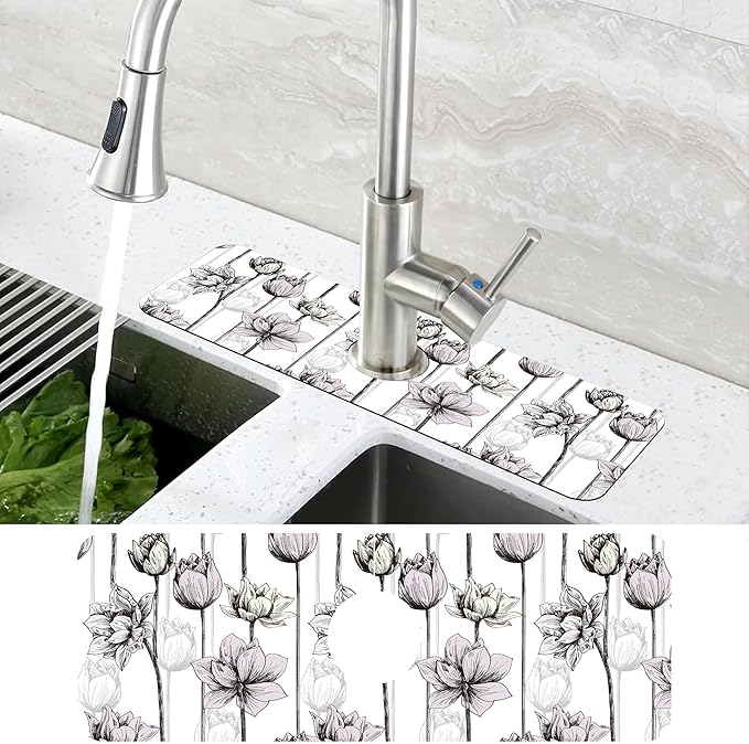 Water Lily Flower Kitchen Sink Splash Guard Mat Absorbent Fast Drying Mat