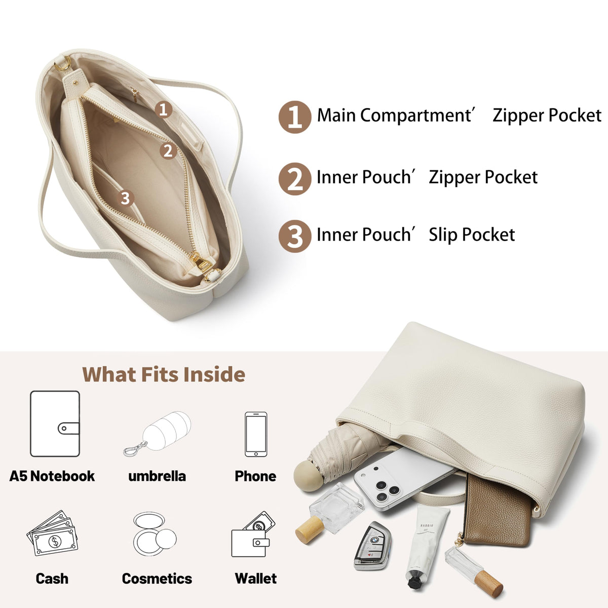 DAILANDO Genuine Leather Top Handle Satchel Purse for Women, Medium Trendy Tote Hobo Bag with Organizer Insert Zipper Pouch (2-White)