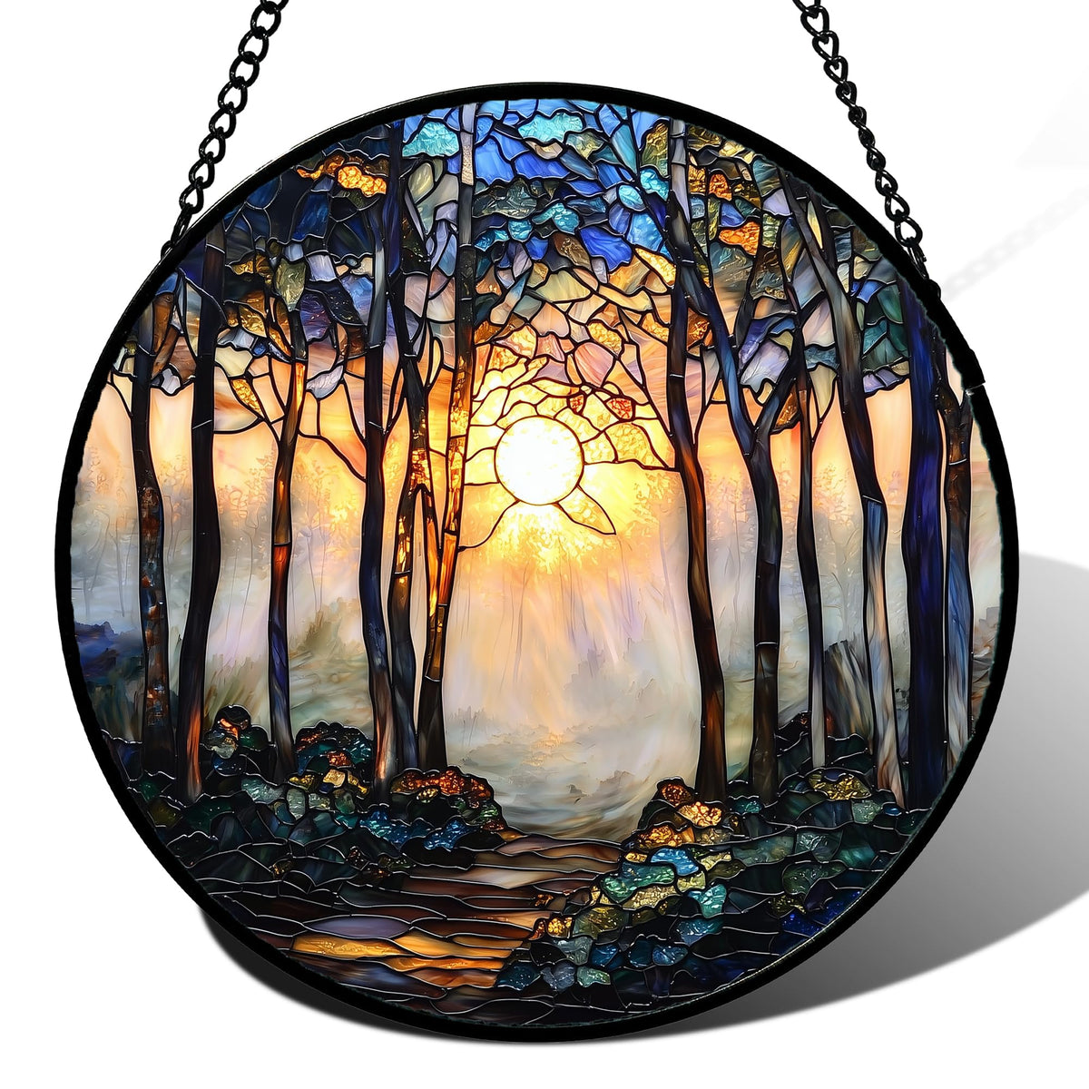 DASTOLL Stained Glass Window Hanging, Forest Sunrise Smoke Blue Brown Tree Suncatcher for Doors Window Home Landscape Sun Catchers Decor Mother's Day Birthday Gifts for Women, Men Mom 7.8 in