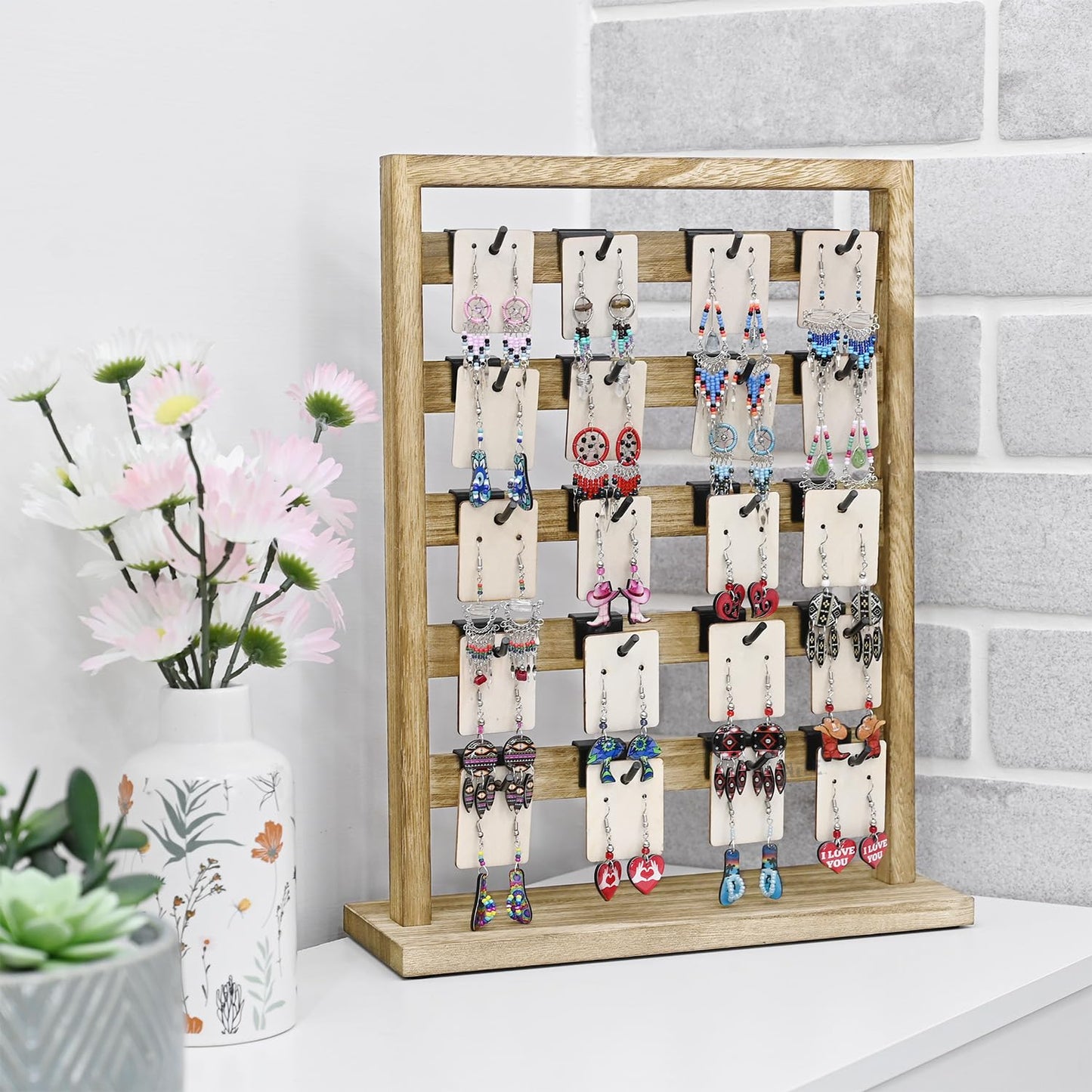 Ikee Design Free Assemble 2 Pcs Set Wooden Jewelry Display Rack with 20 Removable Metal Hooks/Each, Earring Display Holder Stand for Earring,Necklaces,Bracelet, Keychain Stand, Oak Color