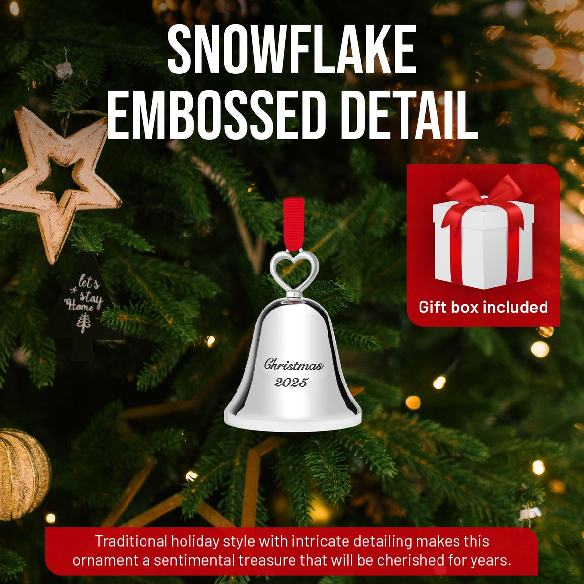 Christmas Bell Ornament 2025 – Elegant Holiday Keepsake with “Christmas 2025” Engraving – Collectible Ornament with Ribbon and Ringing Bell Sound