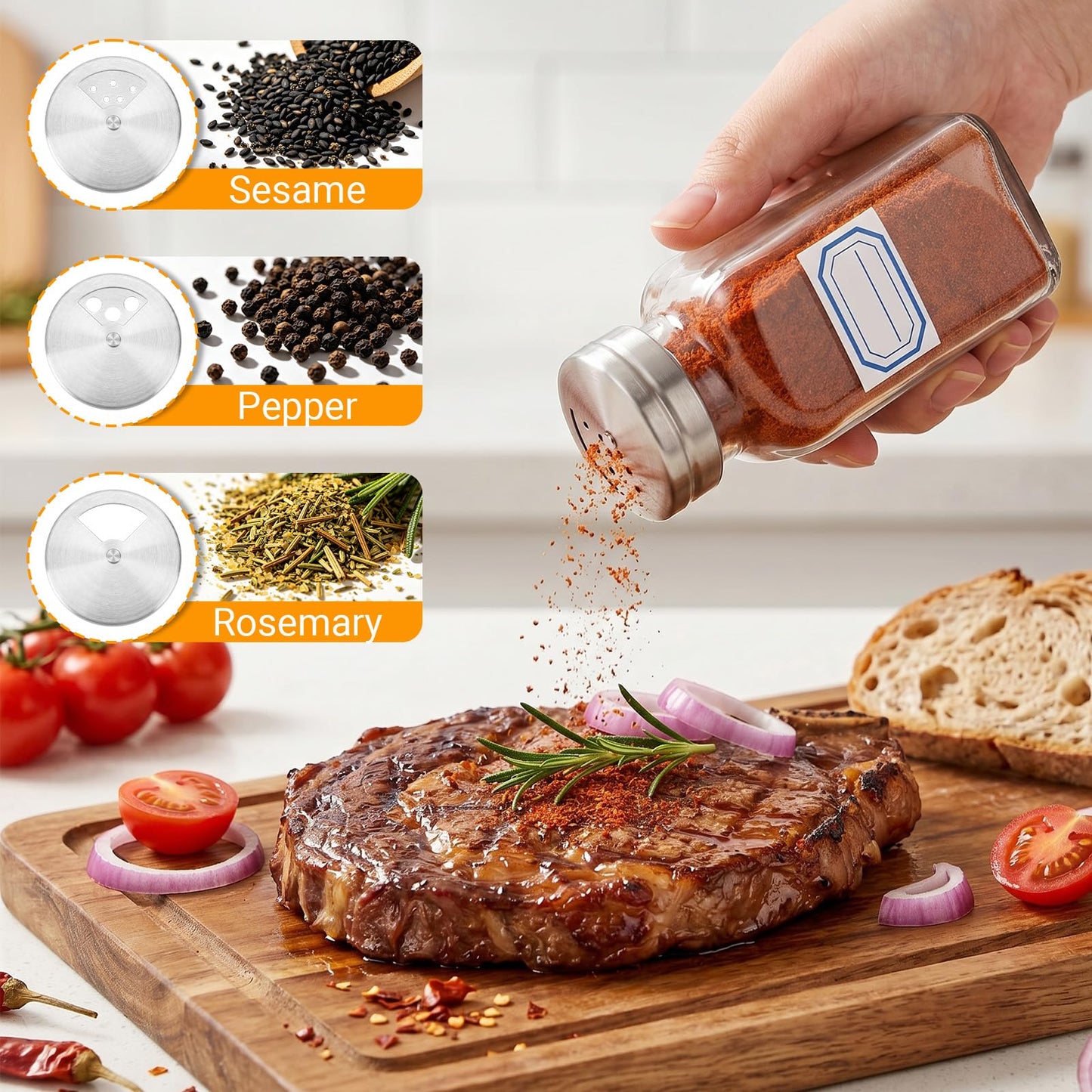 Segarty 6oz Spice Bottles with Stainless Steel Shaker Lids 3 Pack, 180ml Large Square Spice Jars for Salt Sugar, Adjustable Seasoning Storage Bottles with 3 Labels for Condiments Herbs Grains Storage