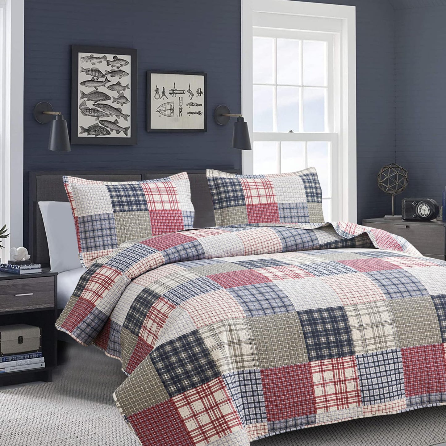 Plaid Quilt Set - Queen Size Patchwork Bedspread and Coverlet - Reversible, Soft Microfiber - All Season Boys Mens Bedspread in Red, Blue, White
